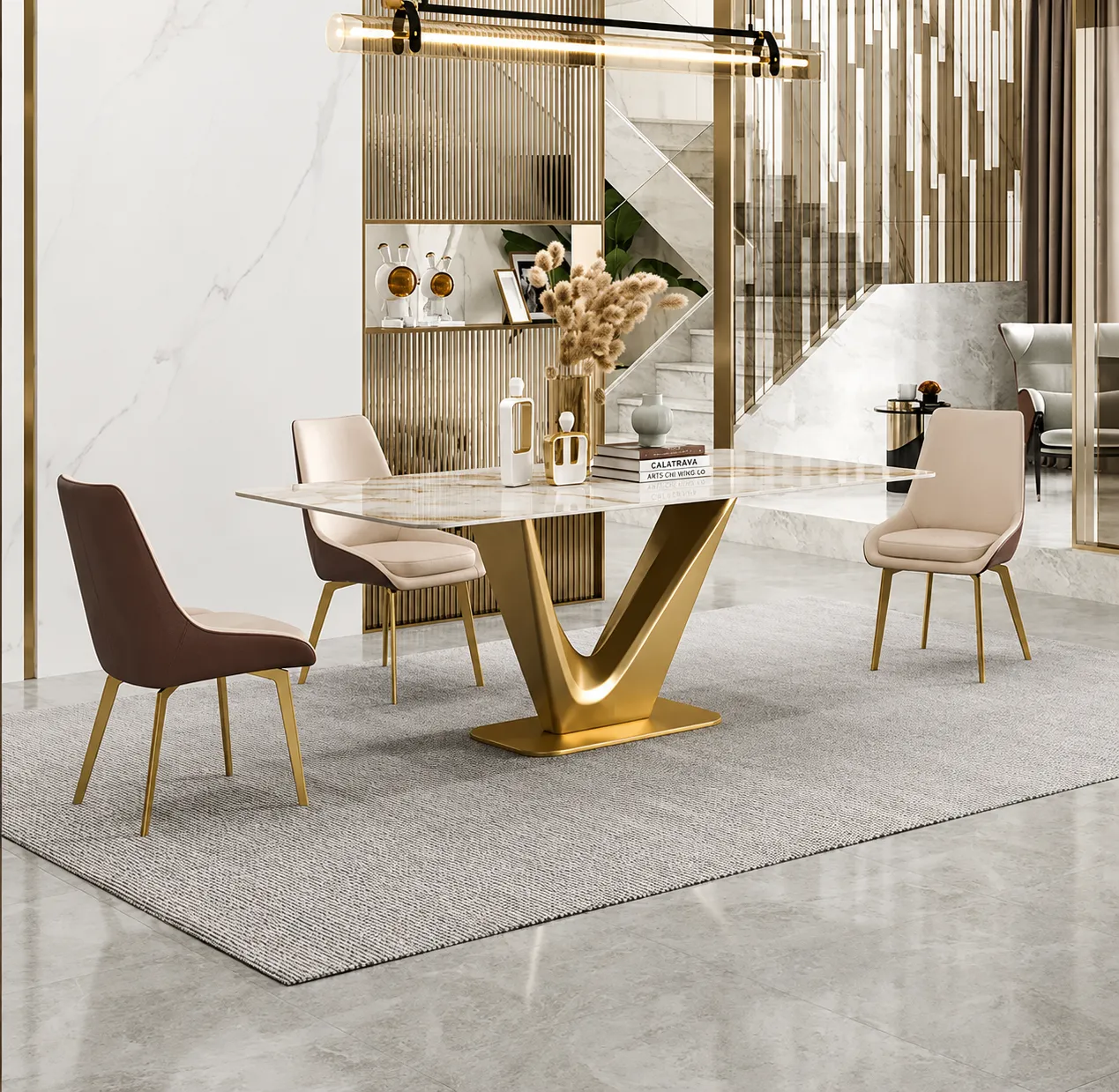 Centre table, chair and console metal frames in a gold PVD finish