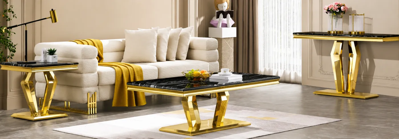 Centre table, chair and console metal frames in a gold PVD finish