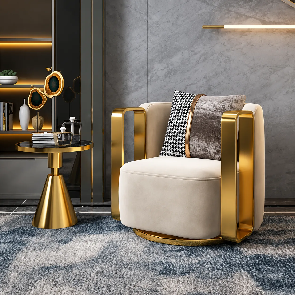 Armchair with a gold PVD-coated frame
