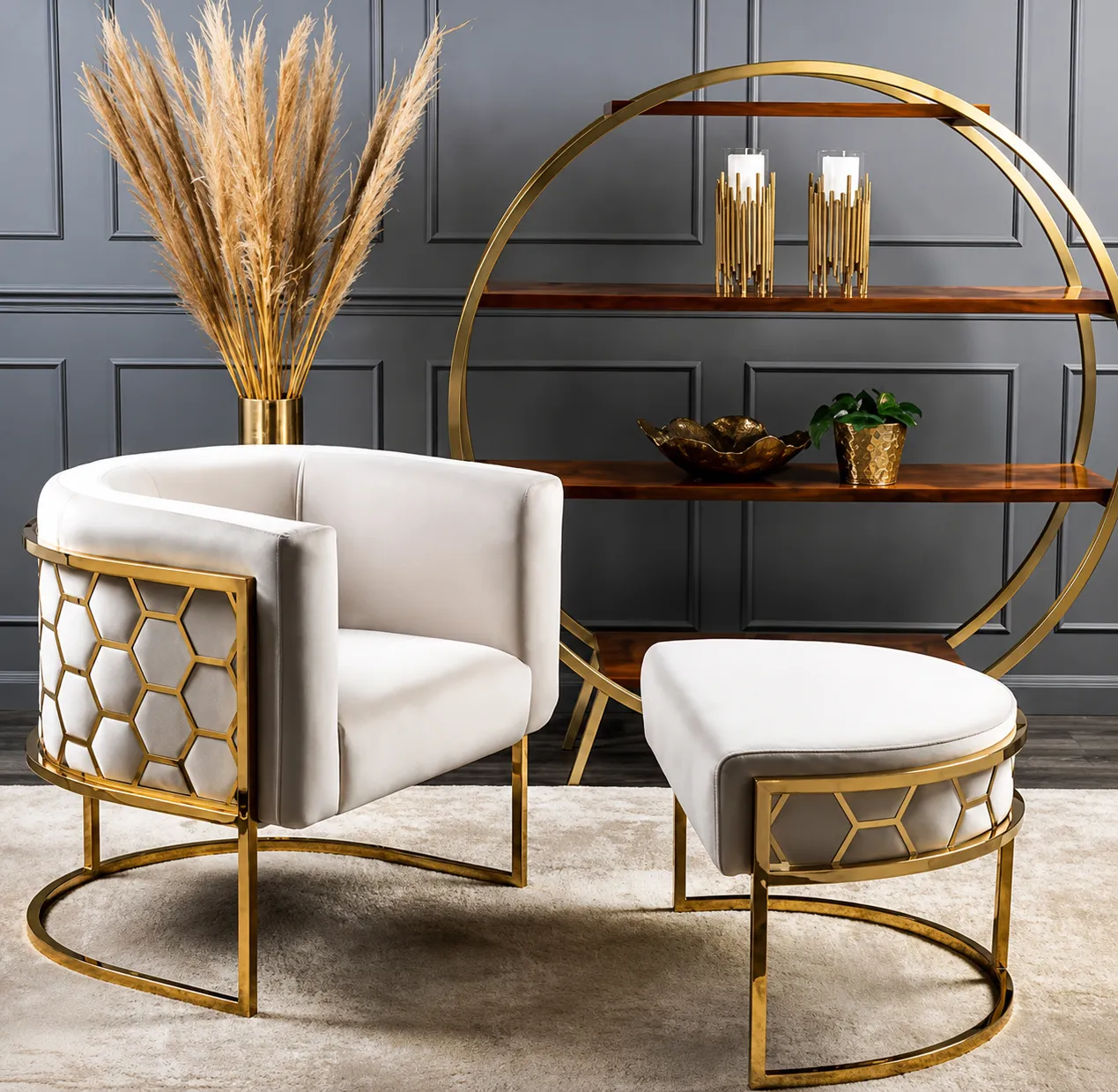 Armchair and ottoman with gold PVD-coated frames