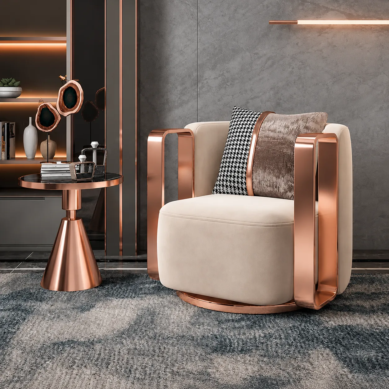 Armchair with a rose-gold PVD-coated frame