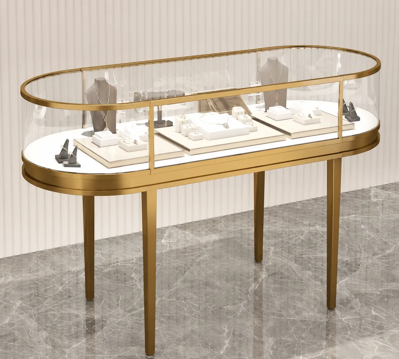 Glass-topped display console with a gold PVD-coated frame