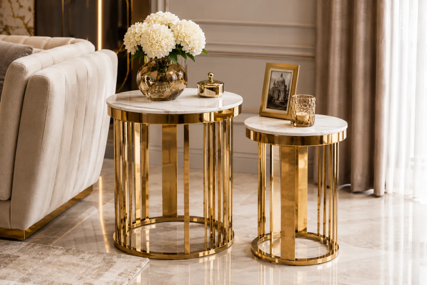Side table with a gold PVD-coated frame