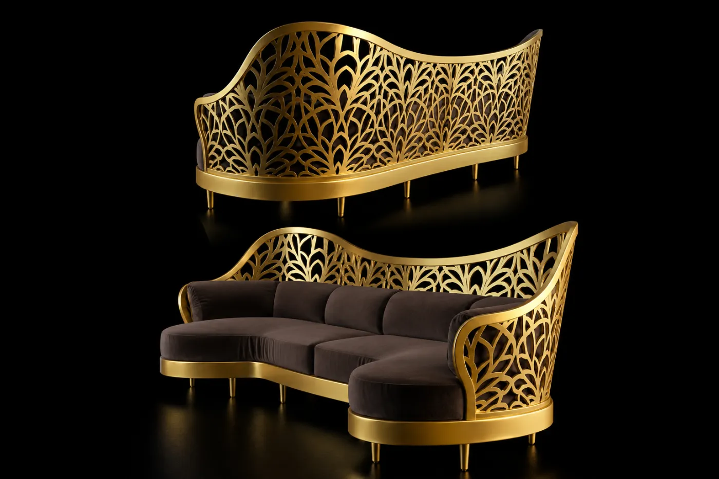 Sofas with gold PVD-coated metal frames