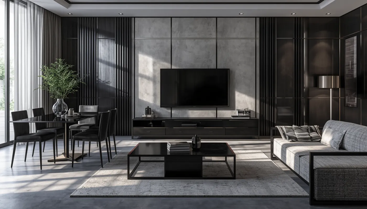 Media console and dining set with black PVD-coated frames