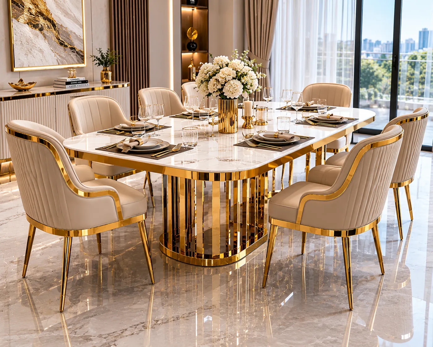 Table base and chair frames in a gold PVD finish