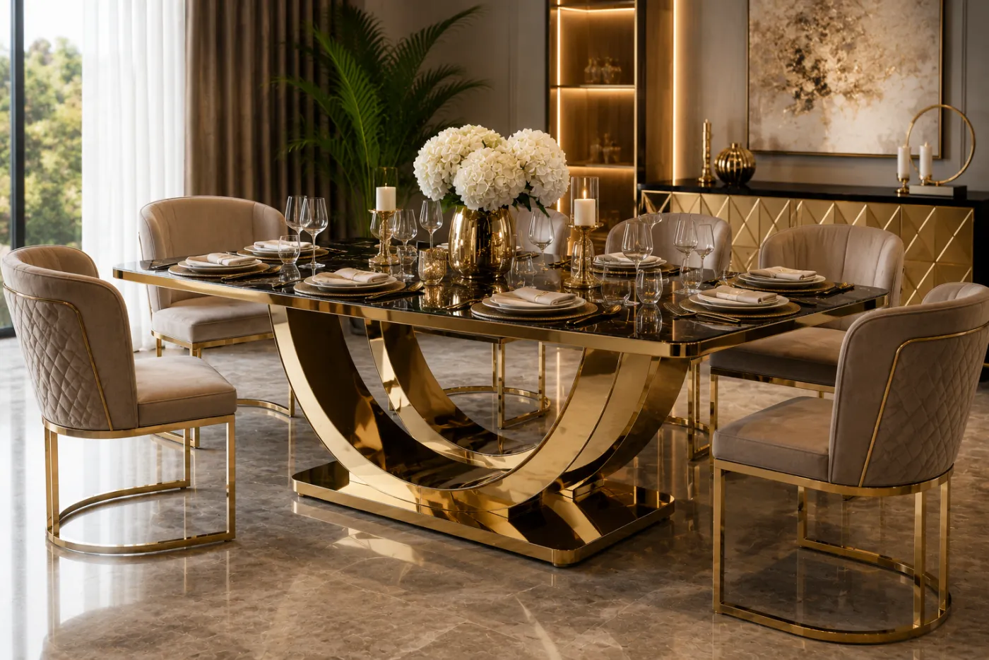 Table base and chair frames in a gold PVD finish