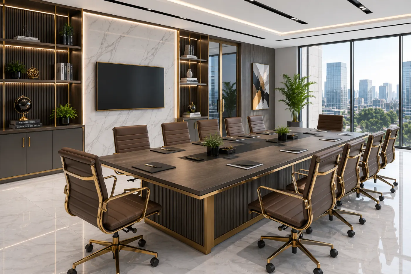 Conference table with a champagne-gold PVD-coated base