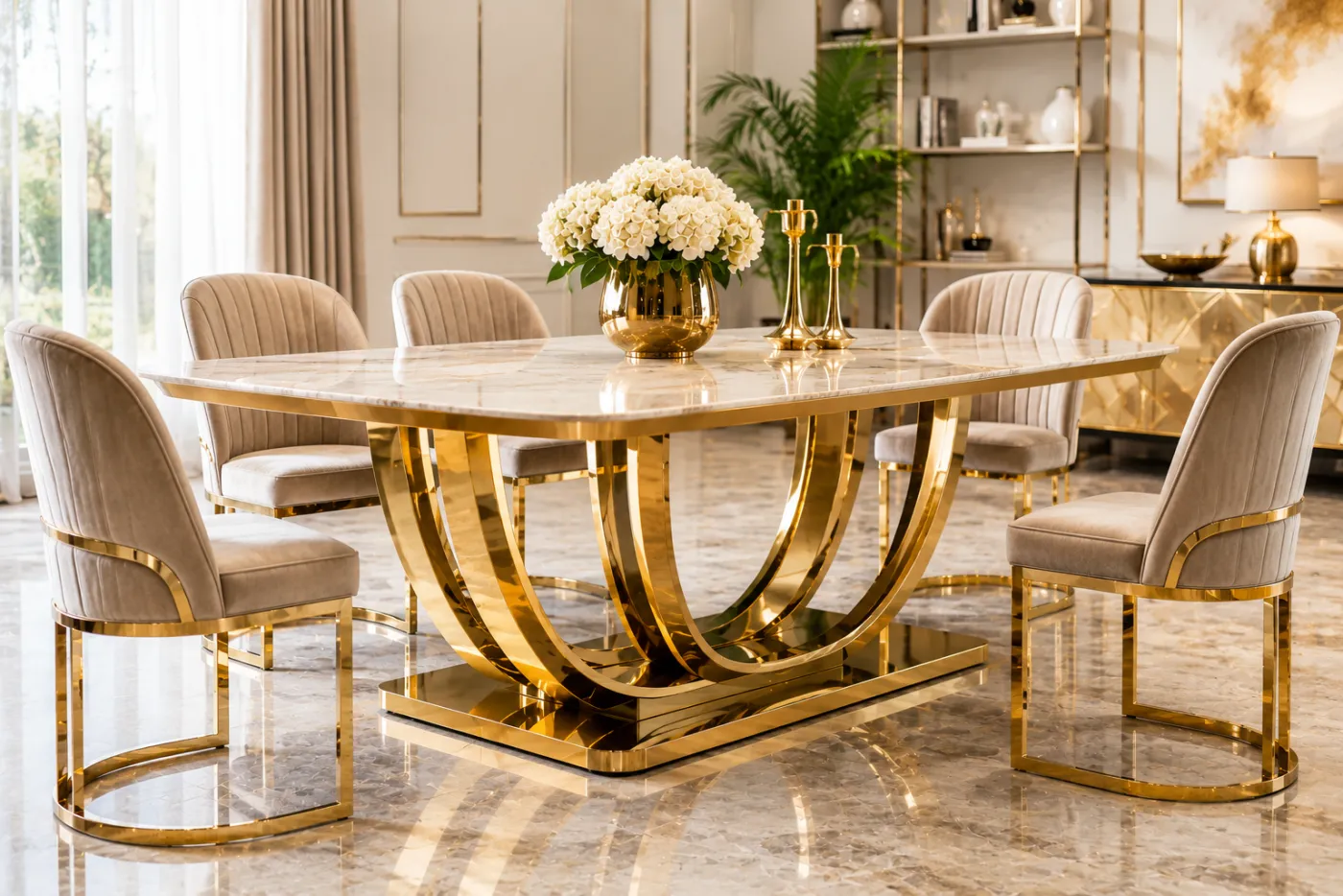 Dining table with a gold PVD-coated base and frame