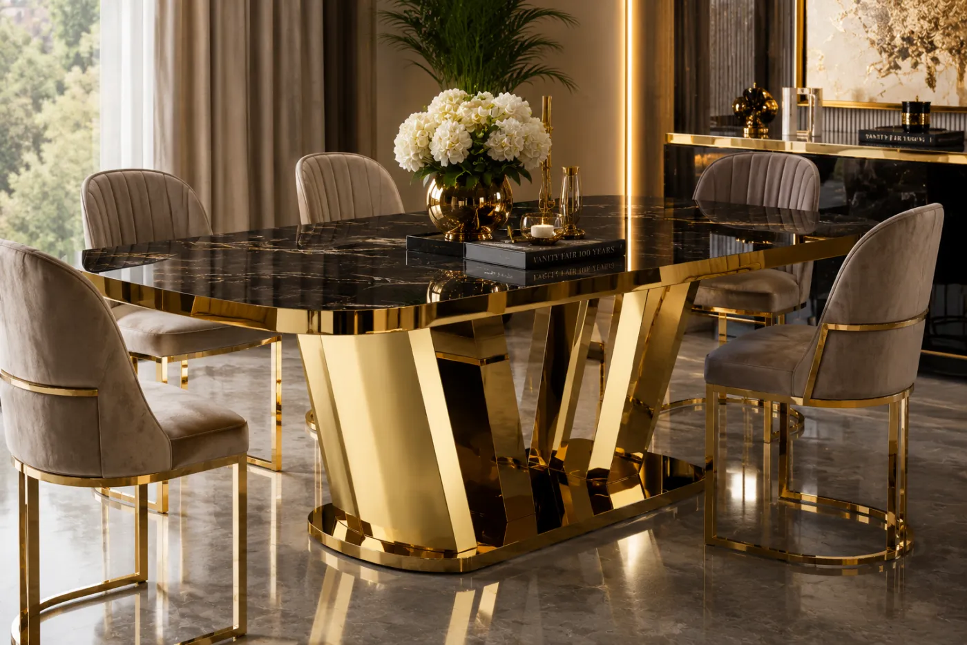 Table base and frame in a gold PVD finish