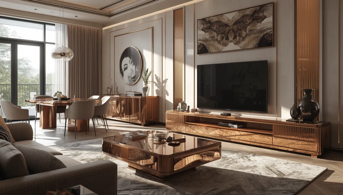 Media console and centre table with rose-gold PVD-coated frames