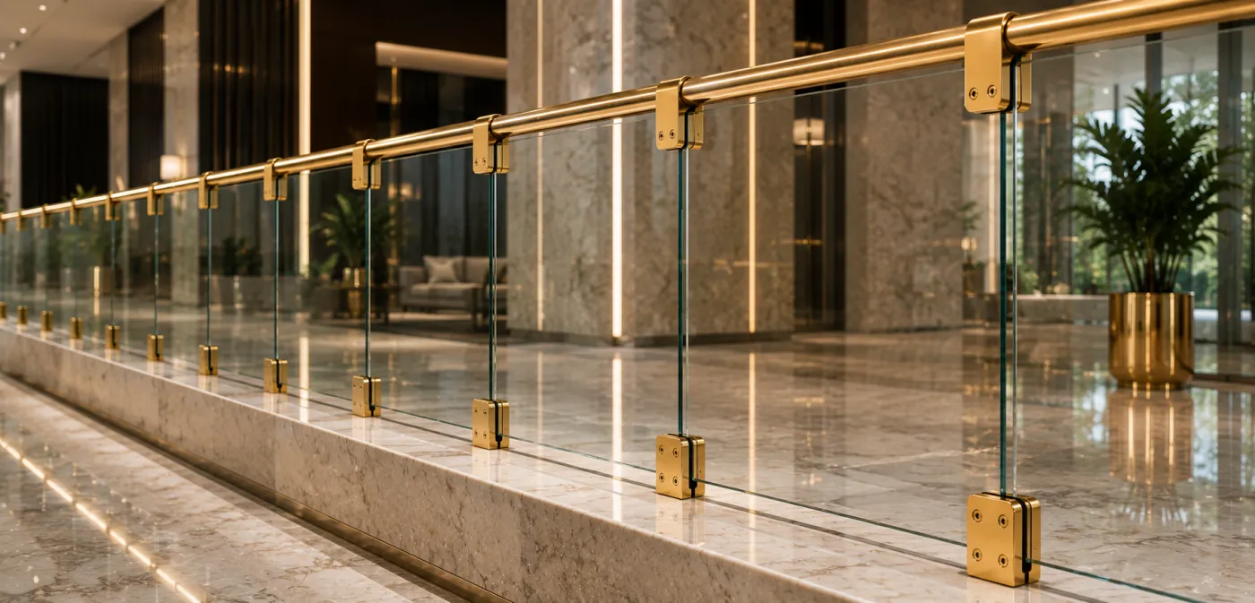 Glass clamps in a gold PVD finish on a glass railing