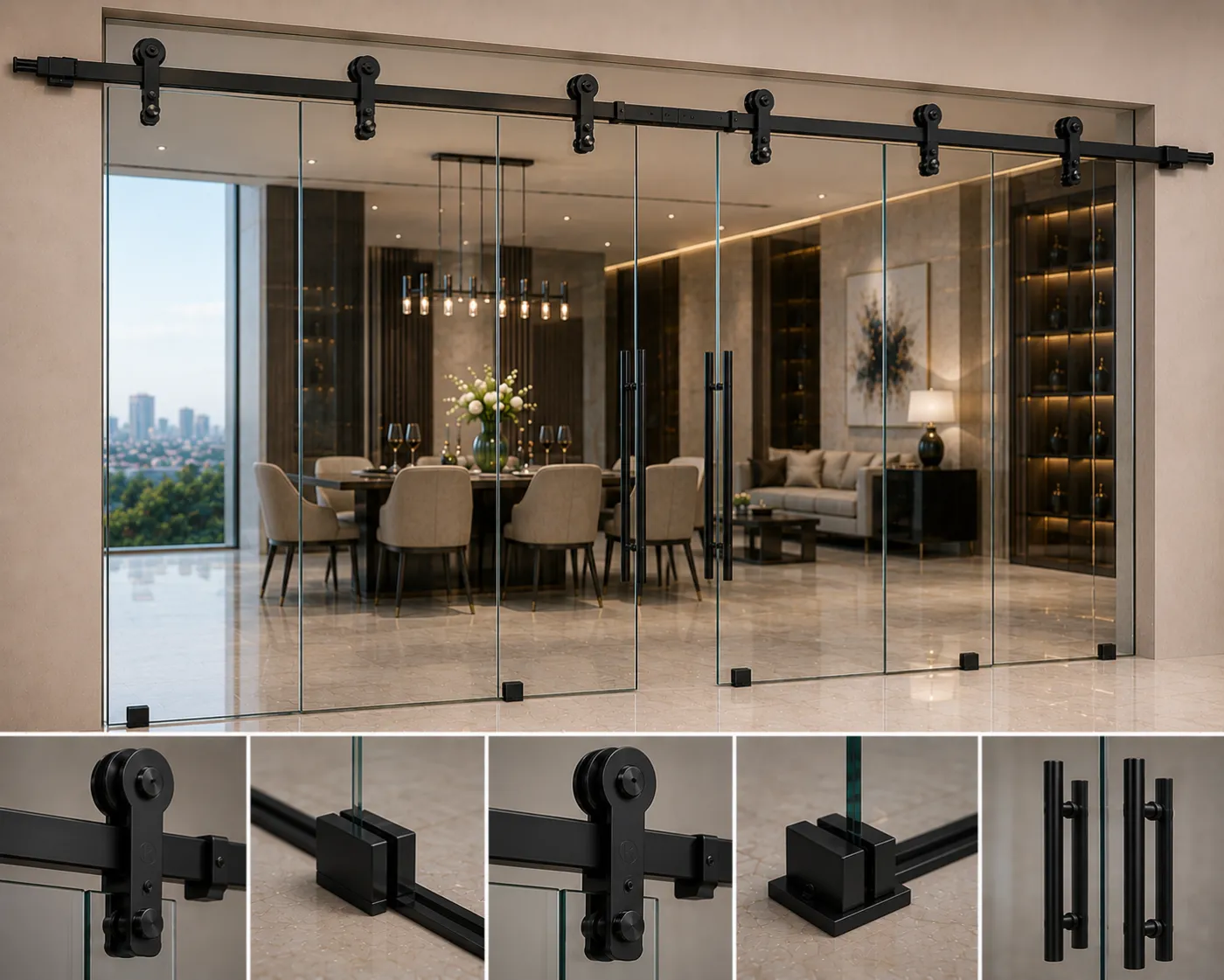 Sliding glass hardware in a black PVD finish