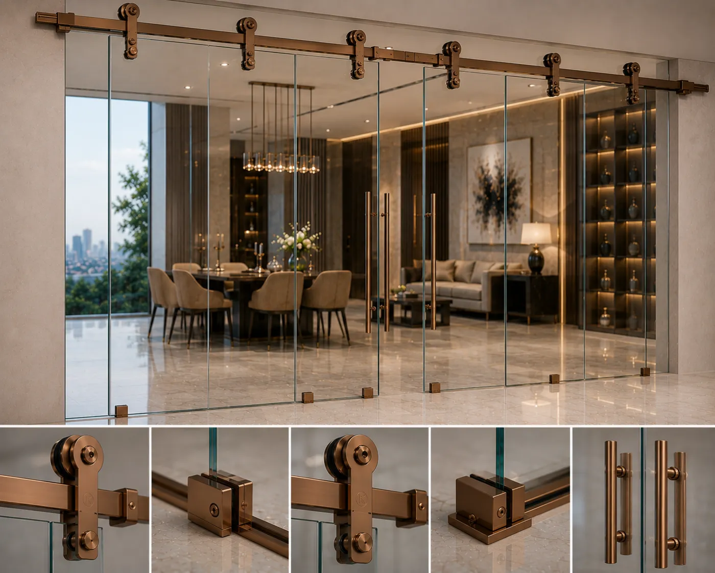 Sliding glass hardware in a bronze PVD finish