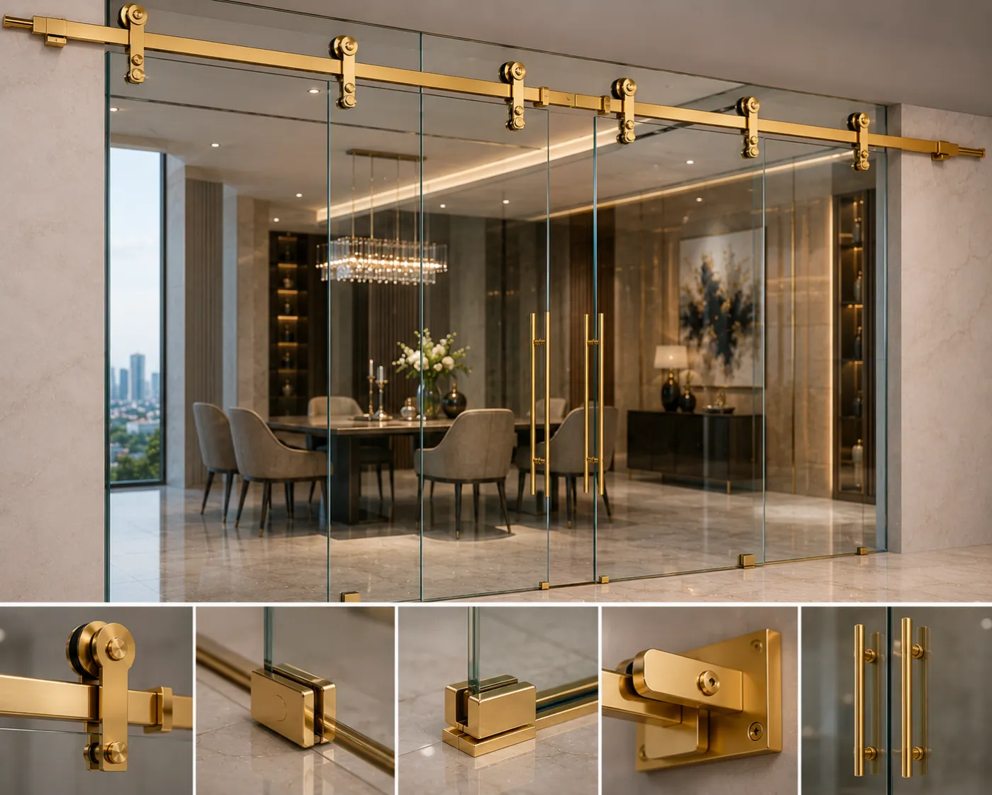 Sliding glass hardware in a gold PVD finish