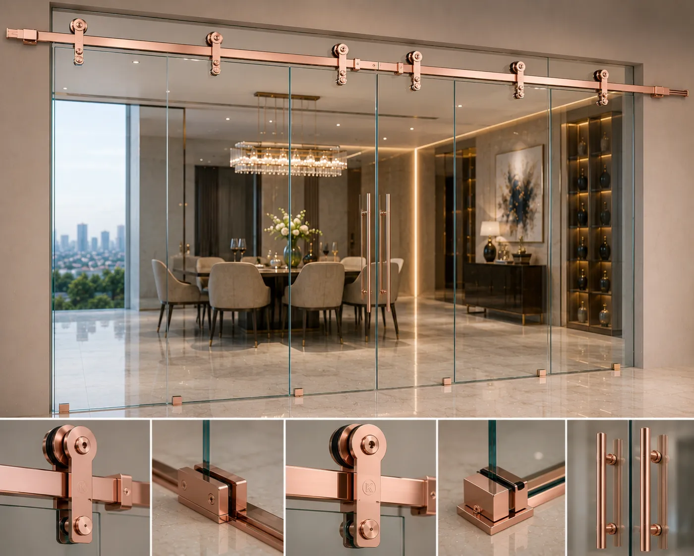 Sliding glass hardware in a rose-gold PVD finish
