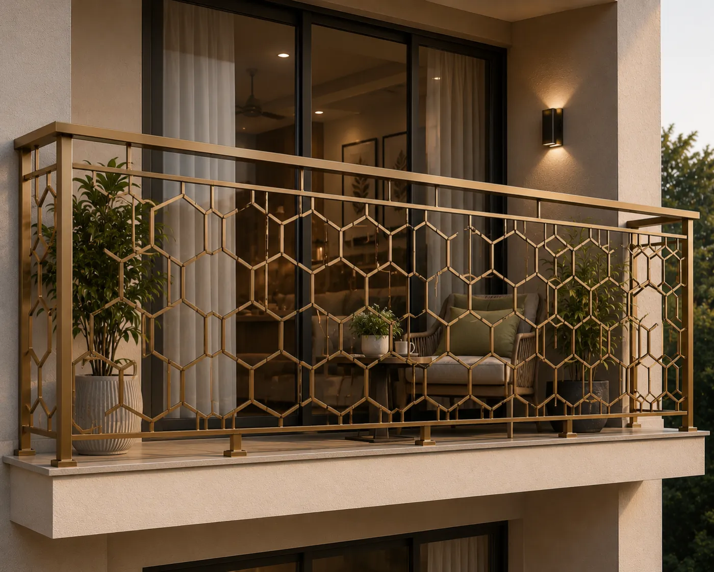 Balcony grill in a champagne-gold PVD finish