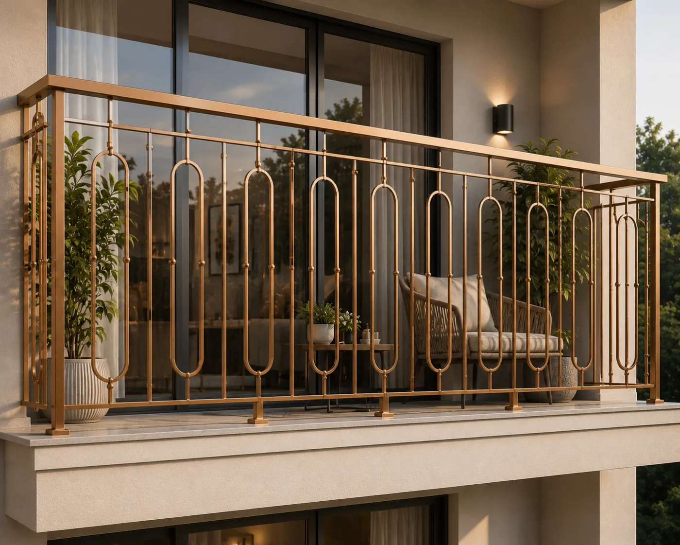 Balcony grill in a champagne-gold PVD finish