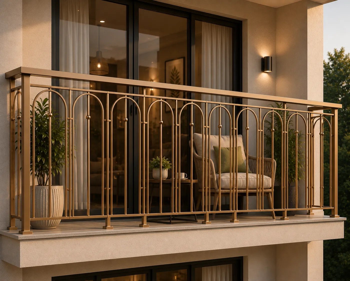Balcony grill in a champagne-gold PVD finish