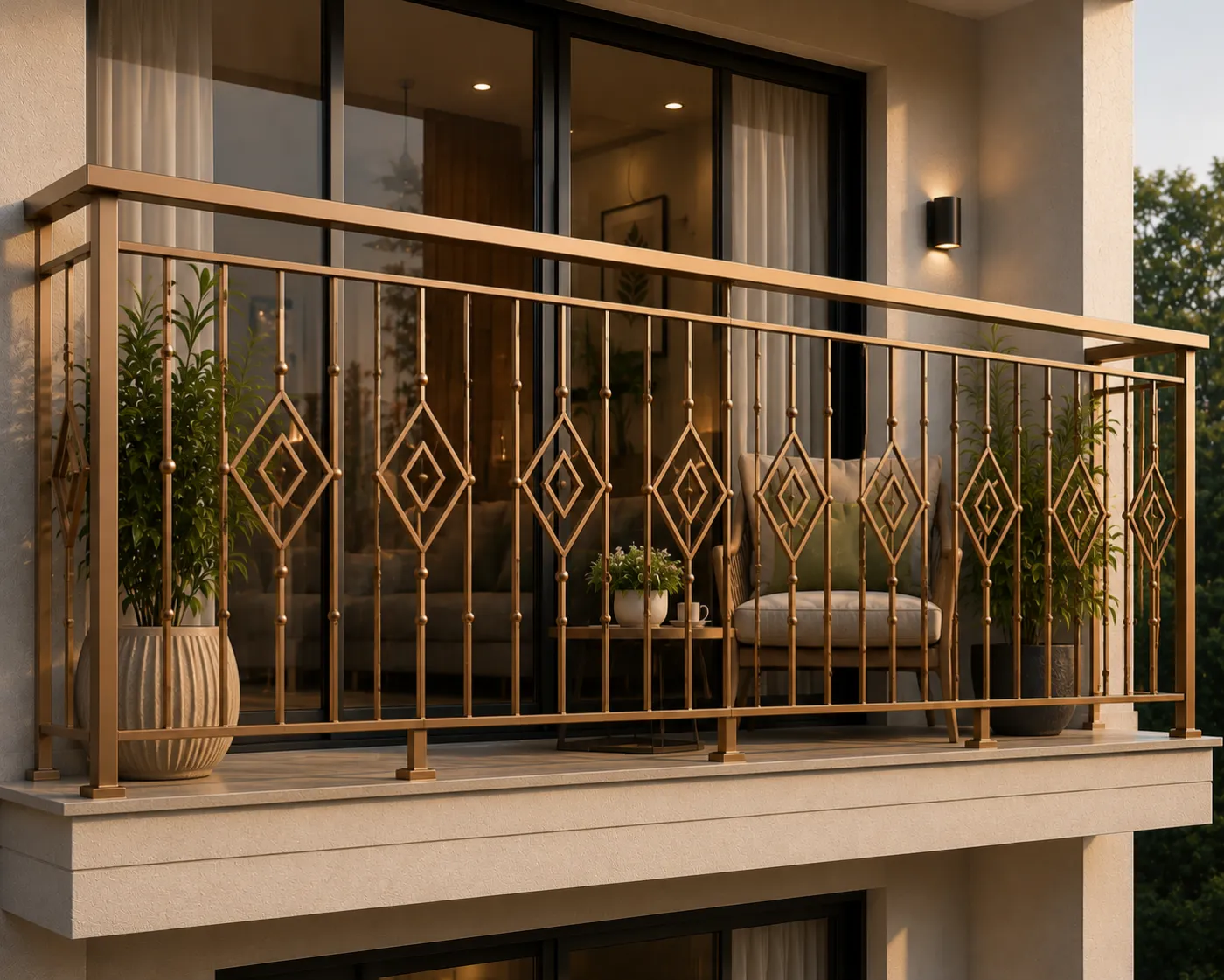 Balcony grill in a champagne-gold PVD finish