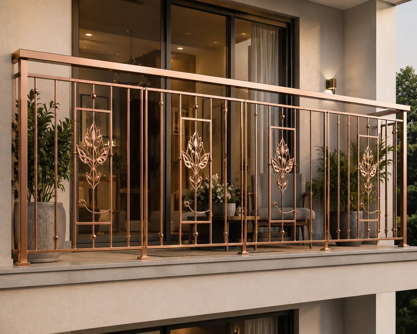 Balcony grill in a rose-gold PVD finish