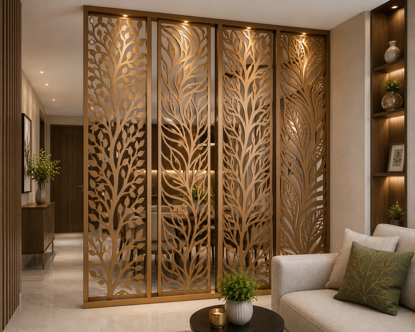 Decorative laser-cut panel in a champagne-gold PVD finish