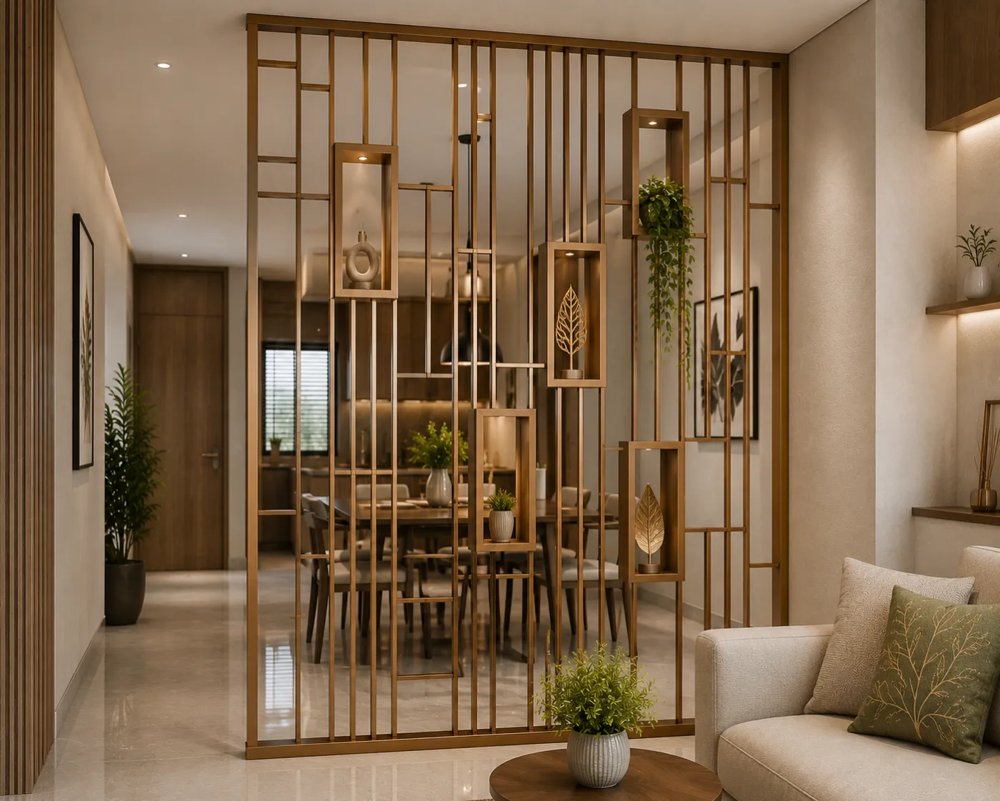 Interior partition grill in a champagne-gold PVD finish
