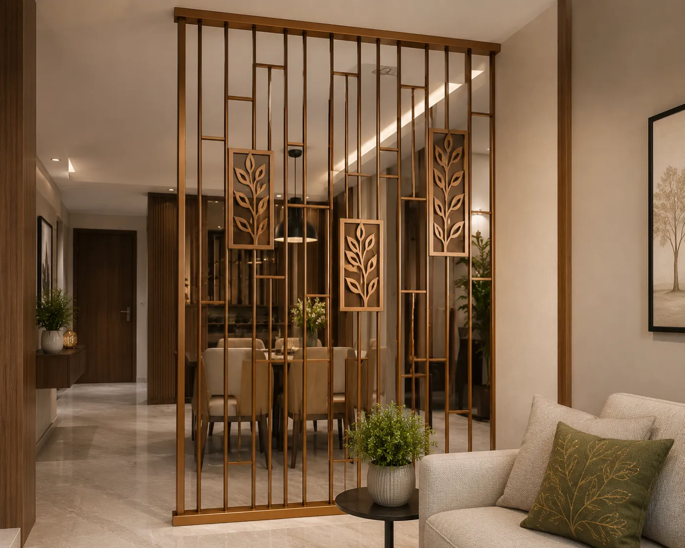 Interior partition grill in a champagne-gold PVD finish