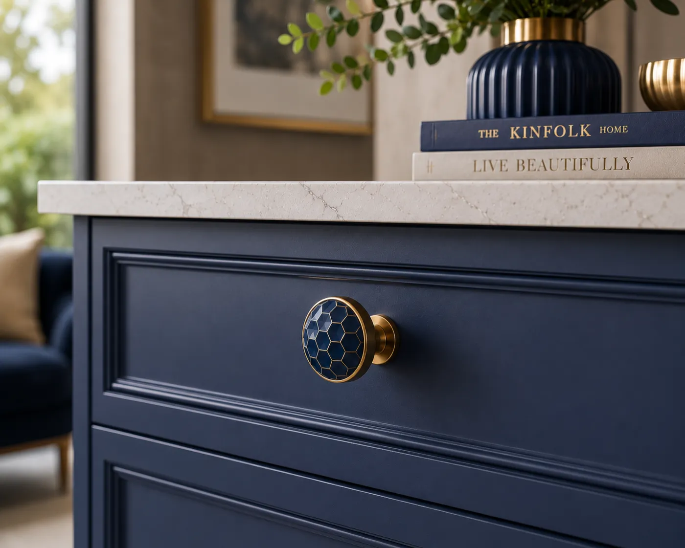 Cabinet handles and knobs in a blue PVD finish
