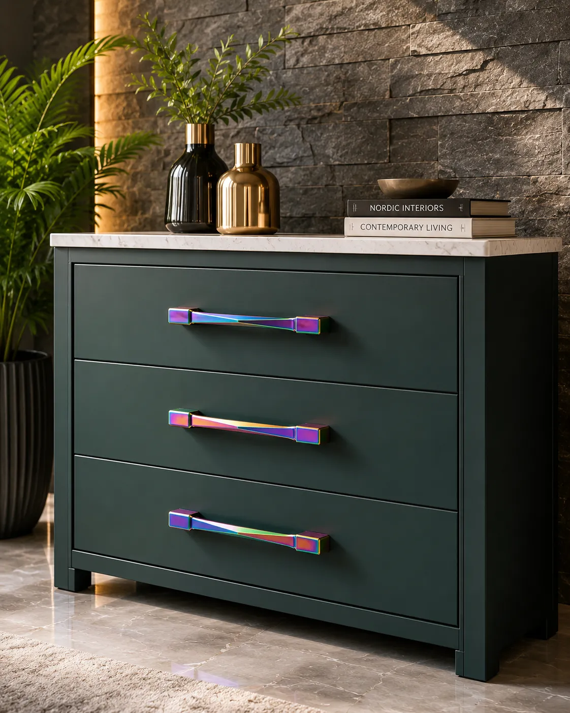 Cabinet handles and knobs in a rainbow PVD finish