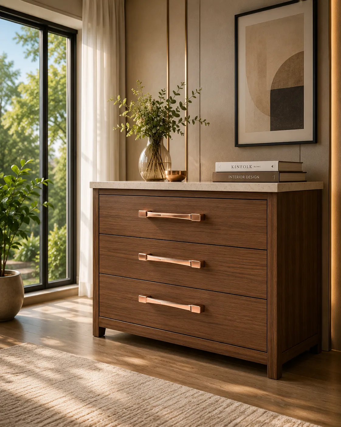 Cabinet handles and knobs in a rose-gold PVD finish