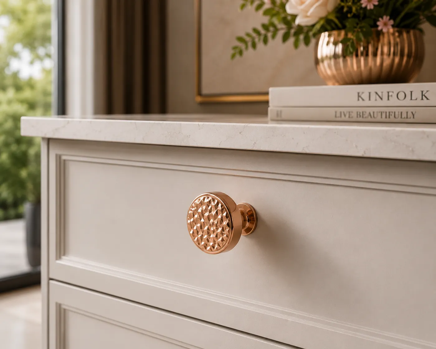 Cabinet handles and knobs in a rose-gold PVD finish