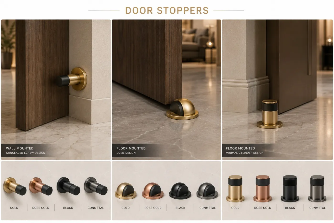 Door stoppers and knockers in a gold PVD finish