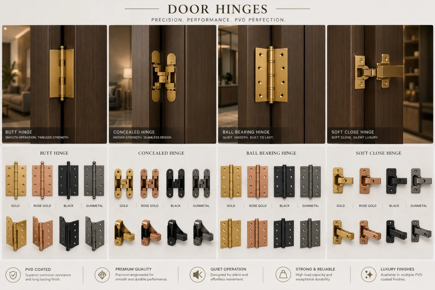 Hinges with a PVD-coated finish