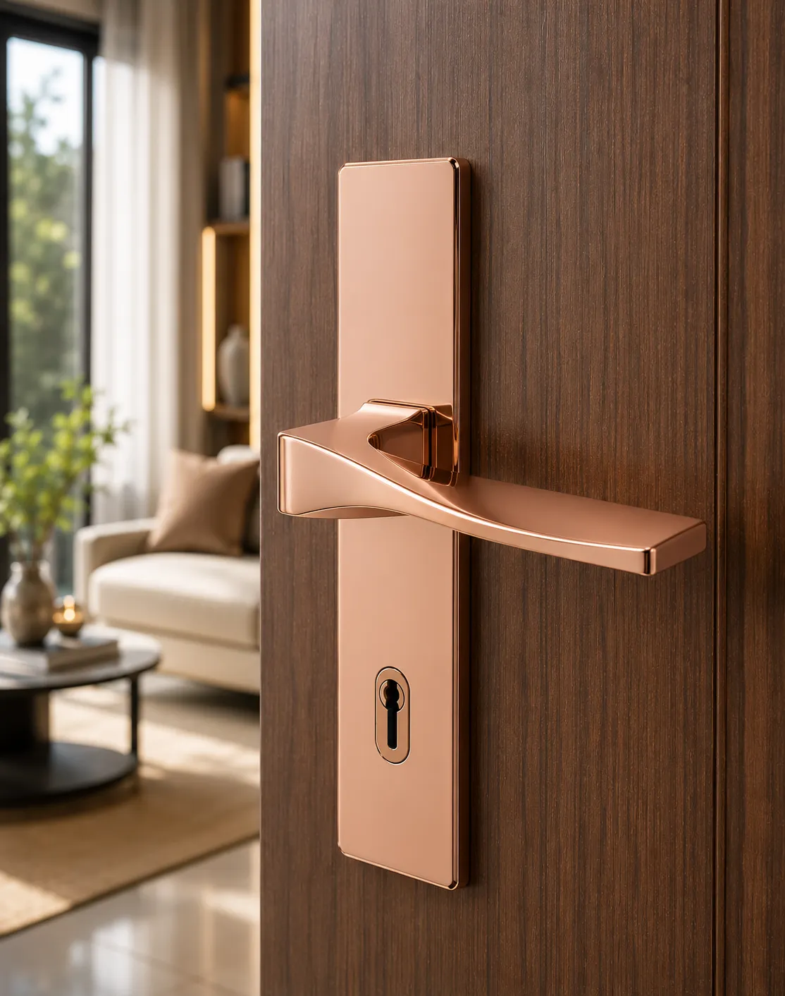 Internal door handle in a rose-gold PVD finish