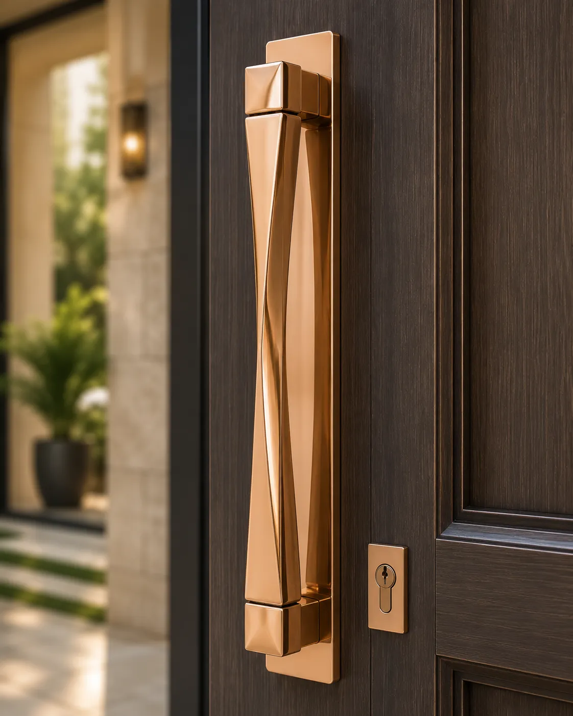Main door handle in a rose-gold PVD finish