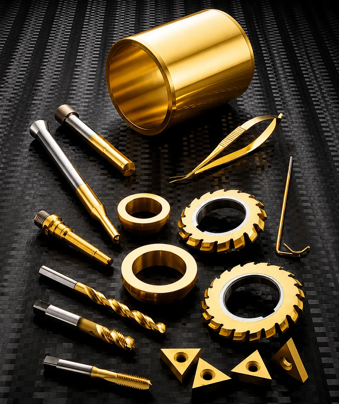 PVD-coated cutting inserts and gear cutters in a gold finish