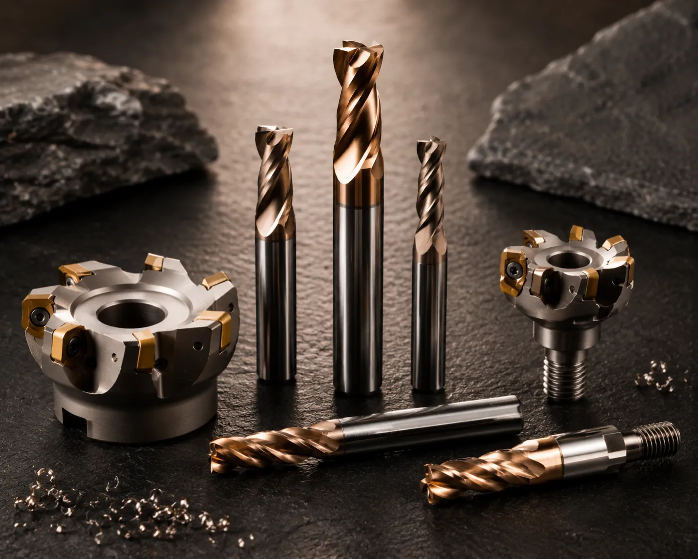 PVD-coated end mills and a face mill cutter
