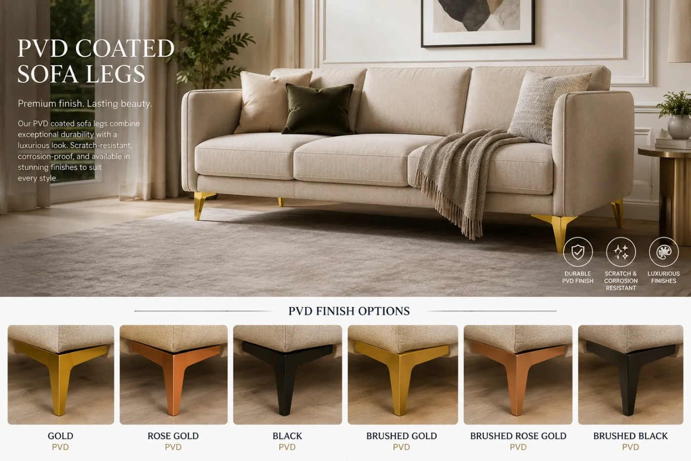 PVD-coated sofa legs shown with gold, rose-gold, black and brushed finish options