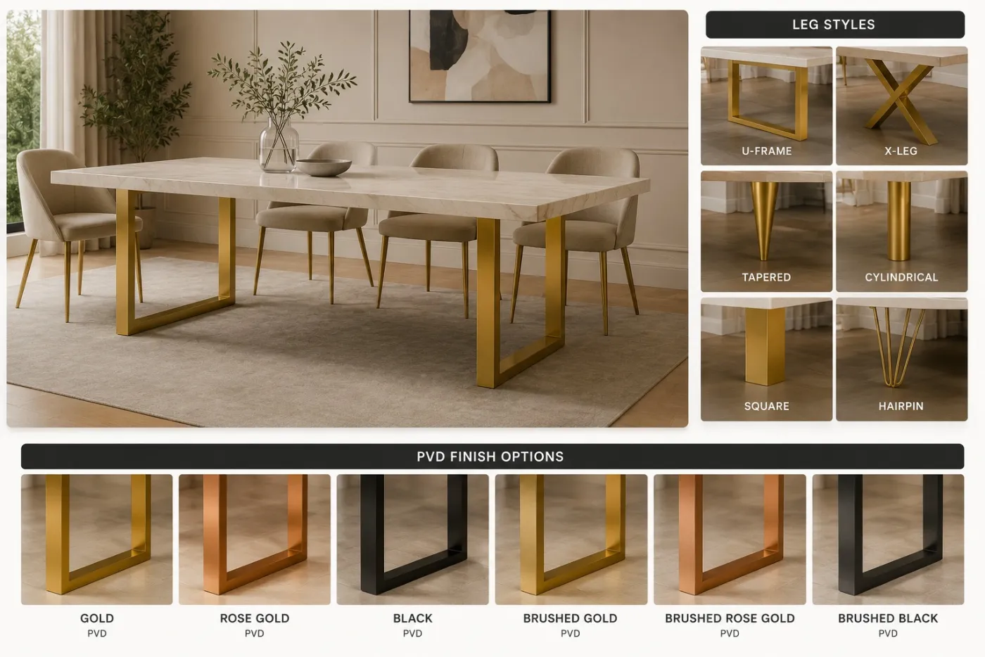 PVD-coated table legs shown in U-frame, X-leg, tapered, cylindrical, square and hairpin styles