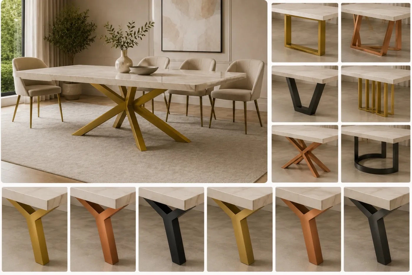 Dining table with a crossed X-base in a gold PVD finish