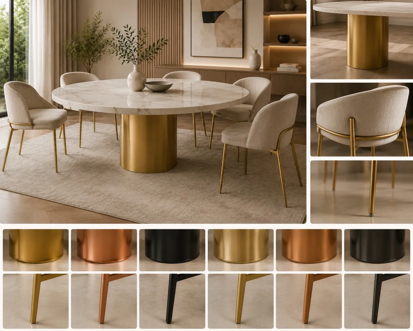 Round table pedestal and chair legs in a gold PVD finish
