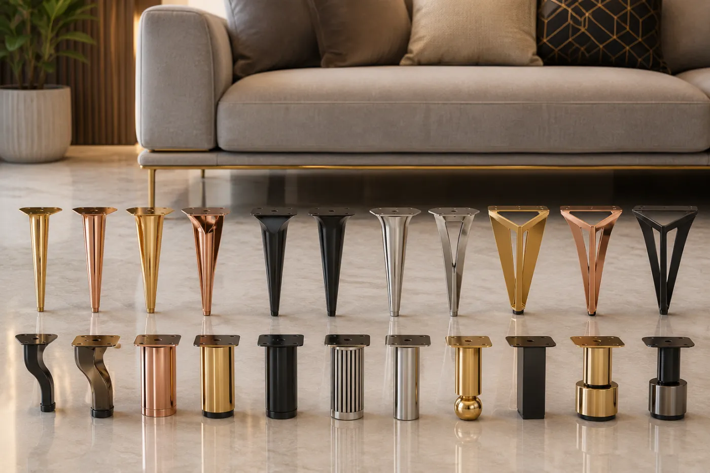 Tapered and fluted furniture legs in assorted PVD finishes
