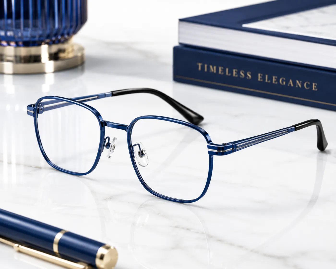 Eyewear frames with a blue PVD-coated finish