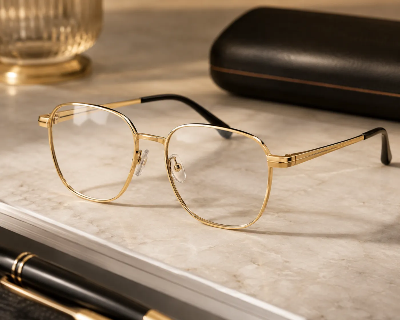 Eyewear frames with a gold PVD-coated finish