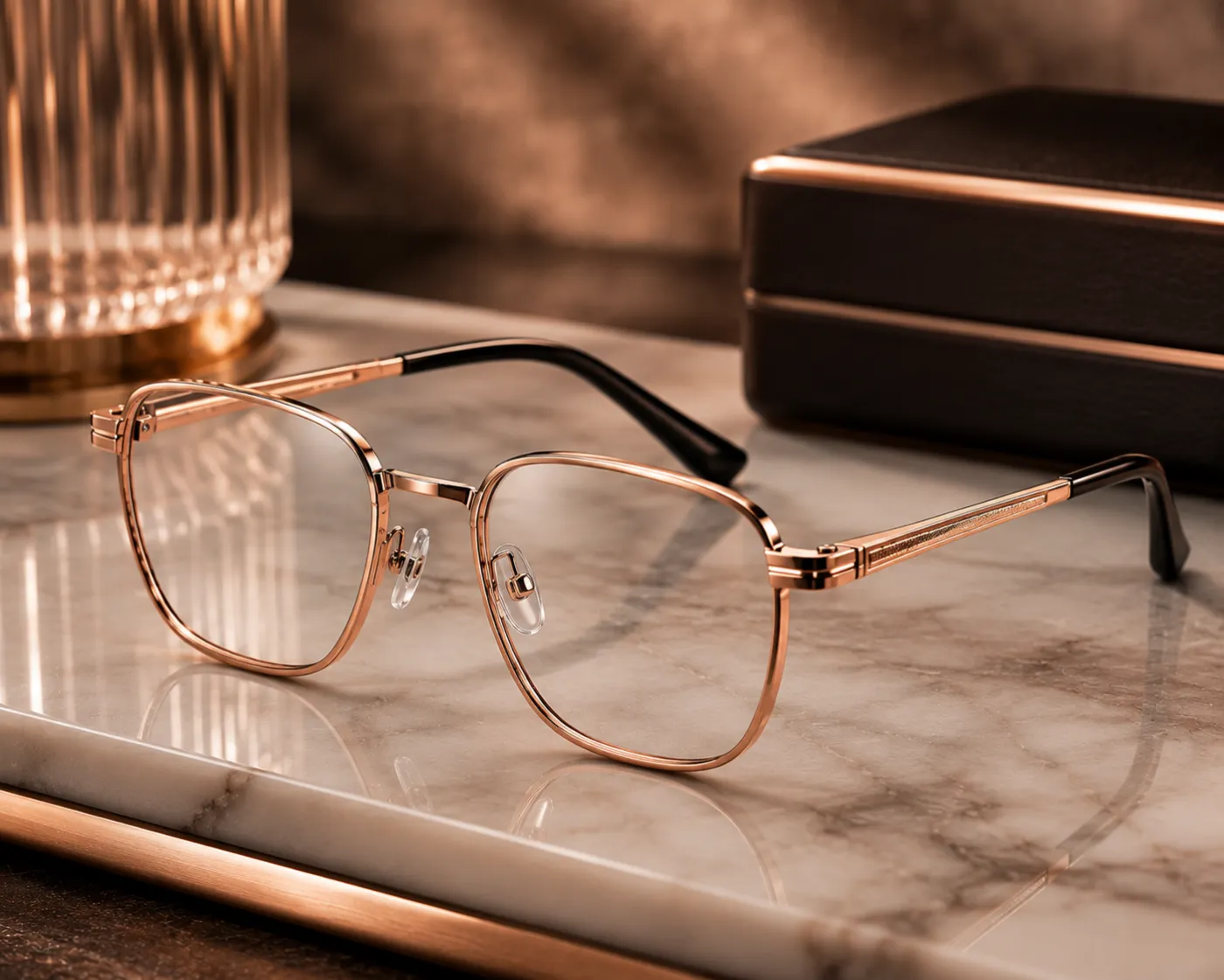 Eyewear frames with a rose-gold PVD-coated finish
