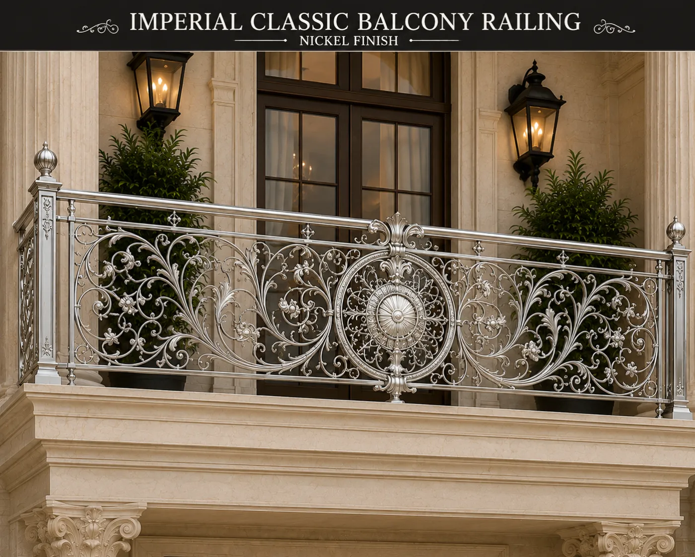 Balcony railing in a nickel PVD finish
