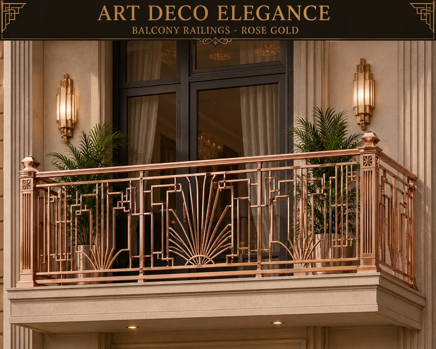Balcony railing in a rose-gold PVD finish