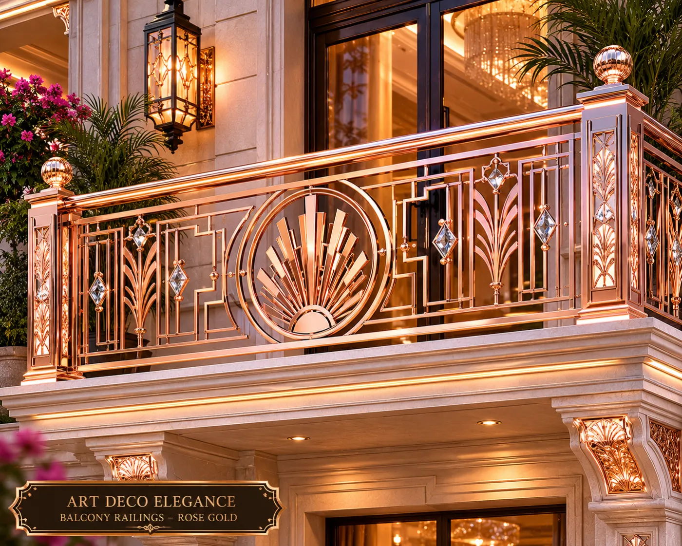 Balcony railing in a rose-gold PVD finish
