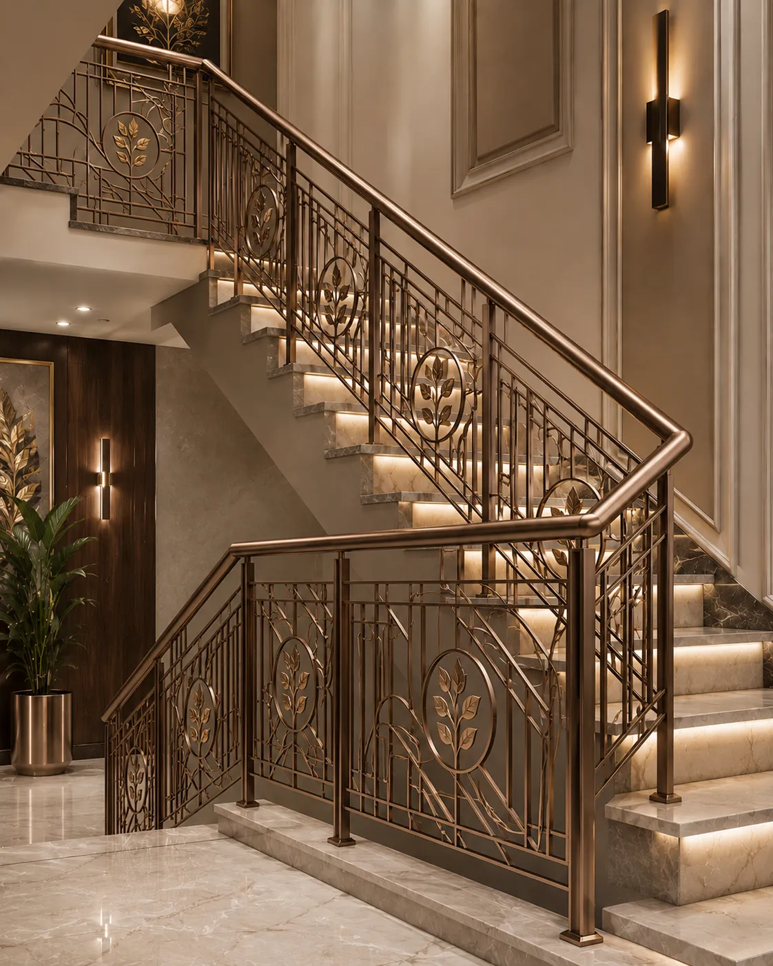 Staircase railing in a bronze PVD finish
